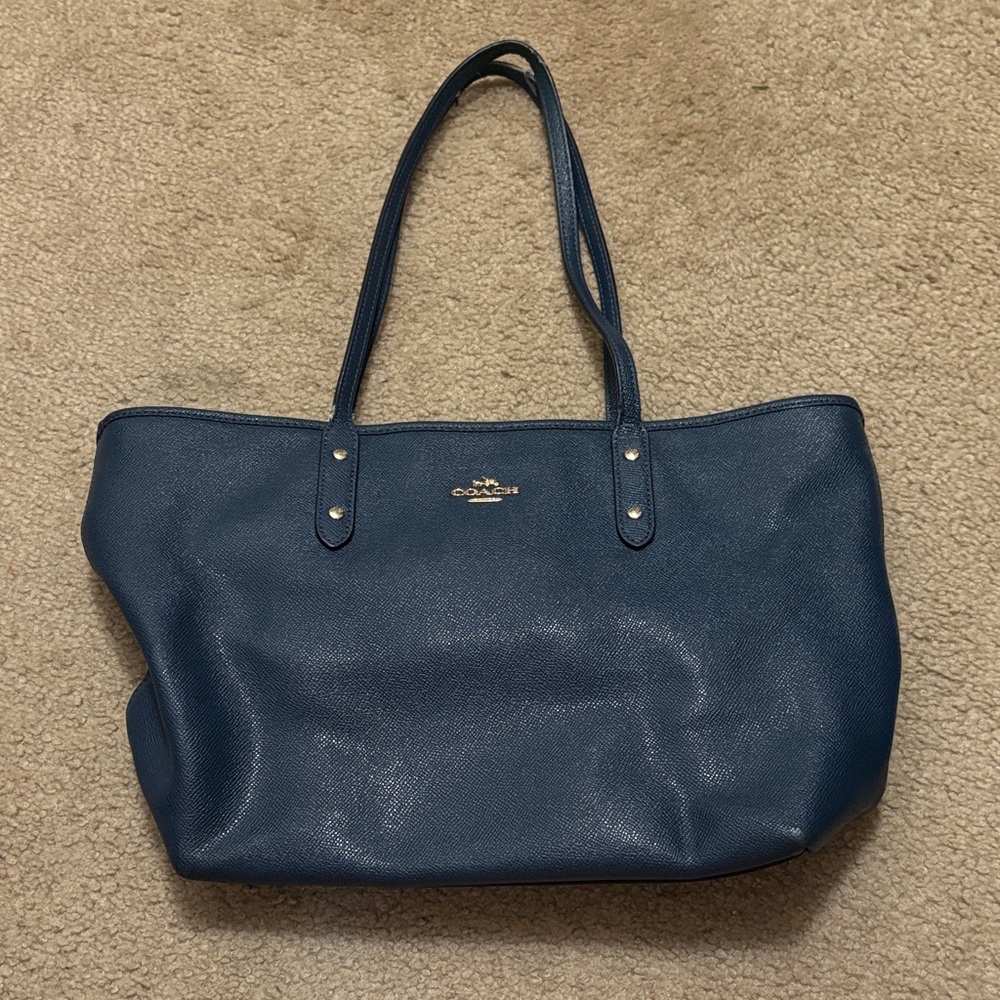 Coach Navy Pebbled Leather Shoulder Tote with Gold Logo